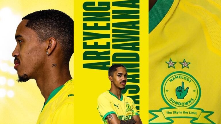 Antonio Van Wyk is officially unveiled as a new Mamelodi Sundowns player in a vibrant yellow and green welcome graphic.