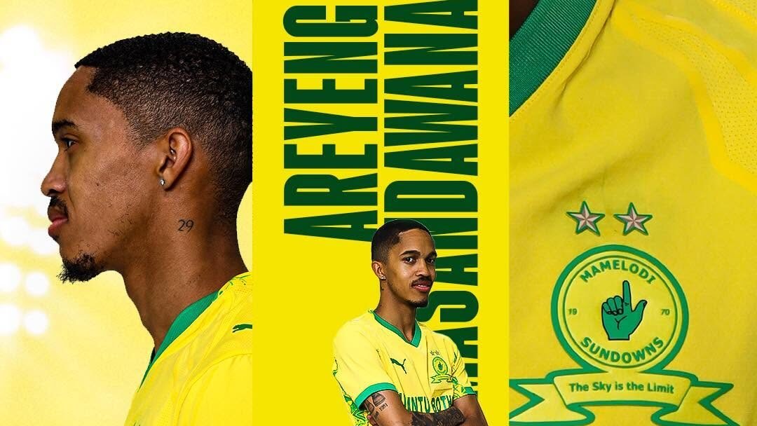 Antonio Van Wyk is officially unveiled as a new Mamelodi Sundowns player in a vibrant yellow and green welcome graphic.